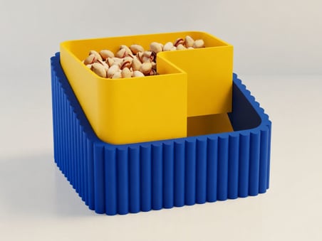 3D Baskı Fıstık Kasesi - Çift Hazneli Kabuk Ayırıcı Sunum Kasesi - Mavi Sarı