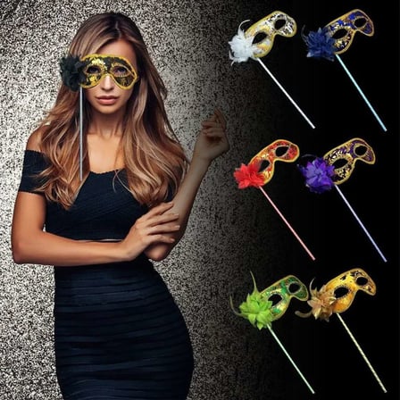 Lüks Taşlı Saplı Maskeli Balo Maskesi Altın Renk 35 cm