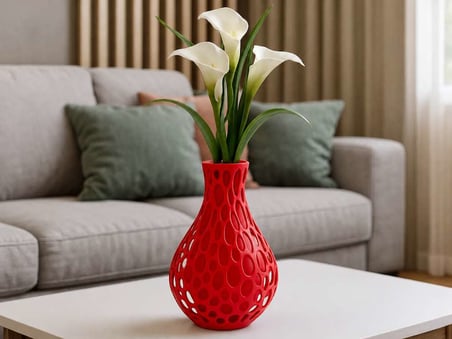3D Baskı Petek Dokulu Vazo - Delikli Dekoratif Vazo-Kırmızı