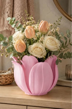 3D Baskı Lotus Yapraklı Vazo - Dekoratif Çiçeklik-Pembe