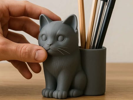 3D Baskı Kedi Figürlü Kalemlik - Masaüstü Organizer - Gri