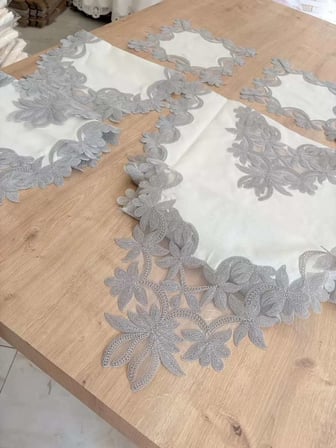 Salon Takımı Çeyizlik Kreme Gri Runner Set 5 Parça Keten Ranır Masa Konsol Sehpa Örtüsü Helena