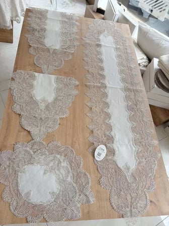 Salon Takımı Angel Çeyizlik Kreme Runner Set 5 Parça Keten Ranır Masa Sehpa Konsol Örtüsü