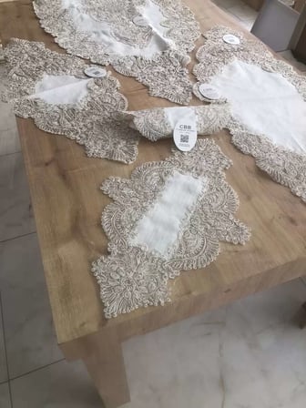 Salon Takımı Keten Angelika Çeyizlik Kreme Runner Set 5 Parça Keten Ranır Masa Sehpa Konsol Örtüsü