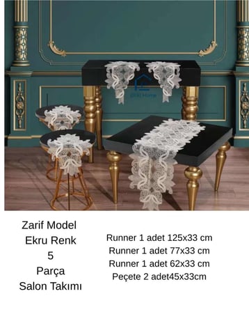 Zarif Model 5 Parça Çeyizlik Dantelli Masa Örtüsü Runner Seti Salon Takımı Dekoratif