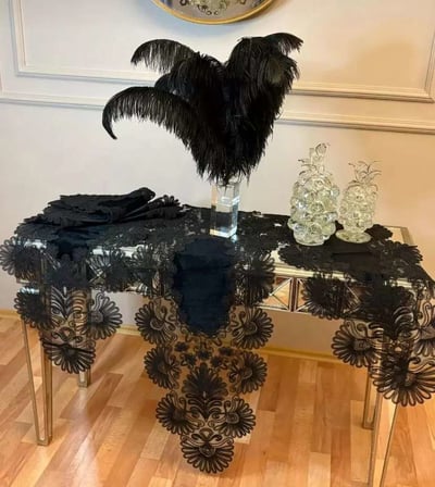 Palmiye Model Siyah 7 Parça Keten Masa Örtüsü Runner Seti Çeyizlik Salon Takımı Şık Tasarım