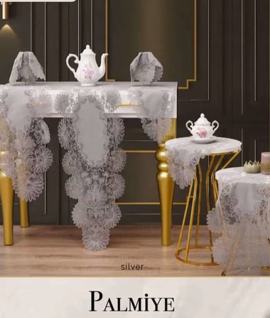 Palmiye Model Gri 7 Parça Keten Masa Örtüsü Runner Seti Şık Salon Takımı