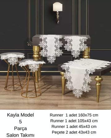 Çeyizlik Kayla Model -Gümüş 5 Parça Keten Dantelli Salon Takımı Runner Seti