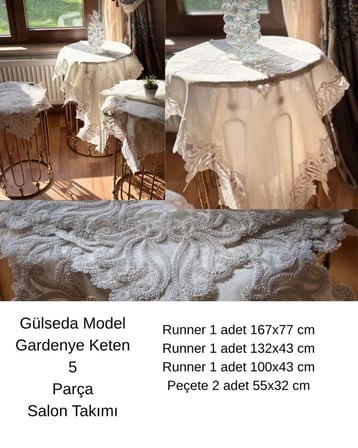 Çeyizlik Gülseda Model - 5 Parça Keten Masa Örtüsü Runner Seti