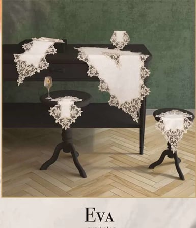 Eva - Model 5 Parça Keten Dantelli Runner Seti Salon Takımı Masa Örtüsü