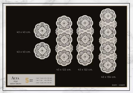Alya 5 Parça Salon Takımı Dantelli Masa Örtüsü Runner Seti Modern Tasarım