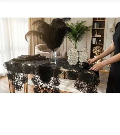 Salon Takımı 5 Parça Keten Masa Örtüsü Yolluk Seti Çeyizlik Palmiye Model No 2656560 Siyah