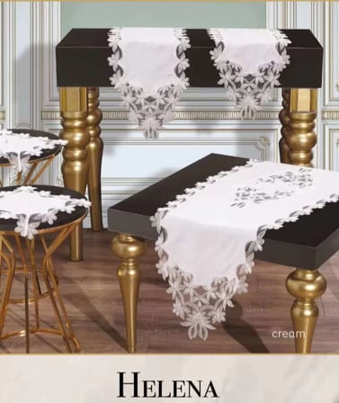 Salon Takımı 5 Parça Keten Dantelli Masa Örtüsü Runner Seti Çeyizlik Helena Model