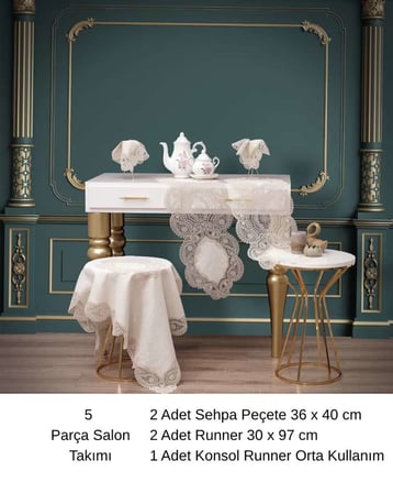 Salon Takımı 5 Parça Keten Dantelli Masa Örtüsü Runner Seti Bellisima Model No 800 --Kapiçino