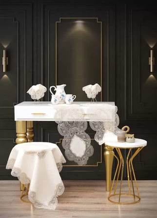 Salon Takımı 5 Parça Keten Dantelli Masa Örtüsü Runner Seti Bellisima Model No 800 --Kapiçino