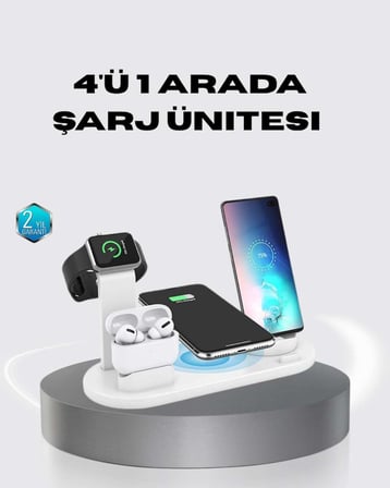 4’lü Kablosuz Şarj Standı iPhone Watch ve AirPods Çoklu Şarjlı