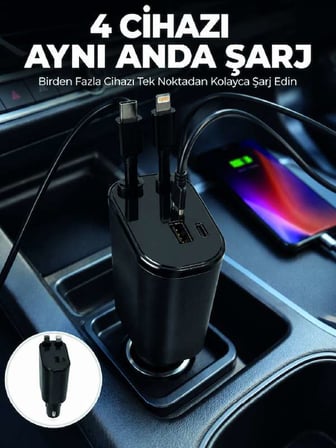 120W Hızlı Şarj Destekli 4'ü 1 Arada Araç Şarj Cihazı Type-C, Lightning, USB ve USB-C Çıkışlı