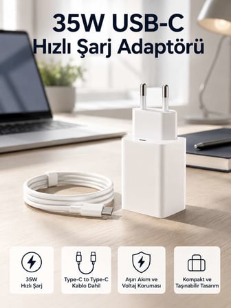 35W USB-C Hızlı Şarj Adaptörü Type-C to C Kablo Seti