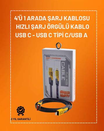 4'ü 1 Arada USB Hızlı Şarj ve Veri Kablosu – 65W Güç, Çoklu Bağlantı, 1.2m