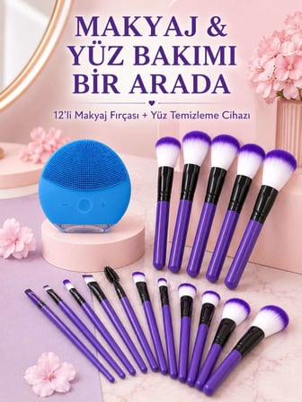 Makyaj ve Yüz Bakım Seti 12’li Mor Makyaj Fırçası Silikon Yüz Temizleme ve Cilt Bakım Cihazı