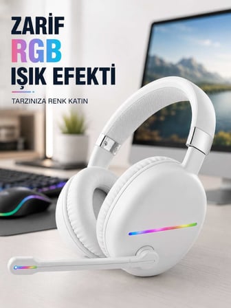 Bluetooth 5.0 Beyaz Kulak Üstü Kablosuz Kulaklık Mikrofonlu RGB Aydınlatmalı