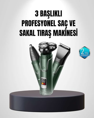 3D Akıllı Kesim Teknolojili Şarjlı Tıraş Seti – 3 Başlıklı, Paslanmaz Çelik Bıçaklı