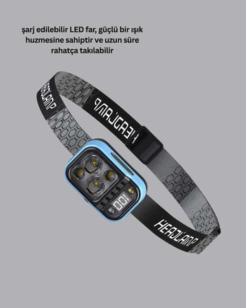 Üç Renkli LED Kafa Feneri 53 Mod Güç Göstergeli Type C Şarjlı