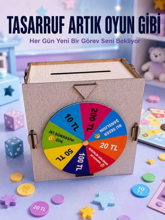 Para Biriktirme Challenge Kutusu Eğlenceli Şans Çarkı Ahşap Tasarruf Kumbarası