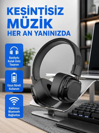 Bluetooth Kablosuz Kulak Üstü Kulaklık Katlanabilir Konforlu ve Şık Tasarımlı
