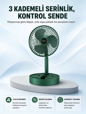 Taşınabilir Katlanabilir Mini Fan 3 Kademeli Şarj Edilebilir