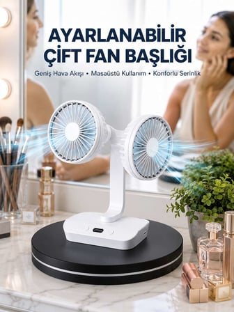 Ayarlanabilir Hızlı Çift Başlıklı Masaüstü Fan – Gece Lambalı Serinletici