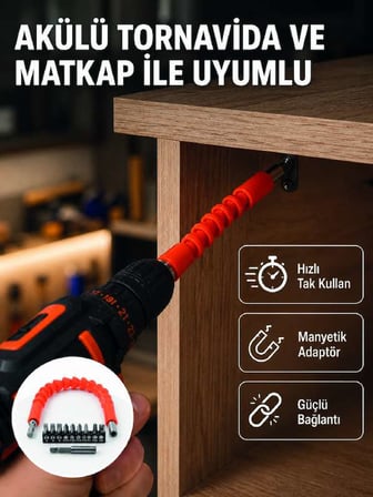 Esnek Bits Uç Seti 12 Parça Manyetik Adaptörlü Matkap Tornavida Aksesuarı