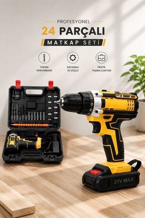 Metal Dişli 24W Akülü Matkap -Çift Bataryalı ve LED Çalışma Işığı ile Tam Set