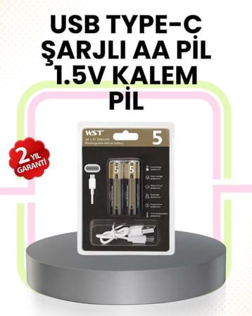 Tekrar Şarj Edilebilir AA USB Type-C Pil | 1000+ Döngü | 1.5V Sabit Voltaj