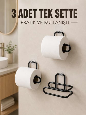 3 Adet Siyah Rulo Kağıt Tutucu Yapışkanlı Duvar Tipi Pratik Kağıtlık Seti