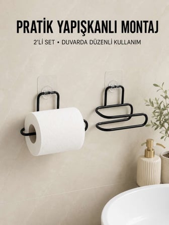 2 Adet Yapışkanlı WC Kağıtlık Siyah Metal Pratik Duvar Tipi Rulo Tutucu