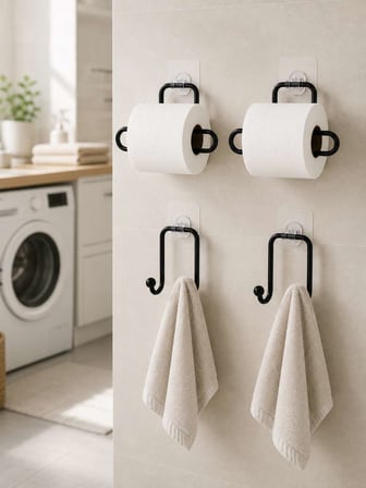 Yapışkanlı Banyo Düzenleme Seti 2 Rulo Tutucu 2 Havlu Askılığı 4 Parça