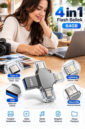 4 Farklı Bağlantı Noktasıyla Telefon ve Bilgisayar Arasında Kolay Veri Aktarımı Sağlayan 64GB Flash 