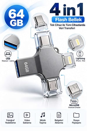 Kompakt ve Taşınabilir Tasarıma Sahip 64GB Lightning Type C USB MicroUSB Çoklu Kullanımlı Flash Bell