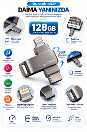 Telefon Tablet ve Bilgisayar Uyumlu 128GB Lightning Type C Çoklu Girişli USB Bellek