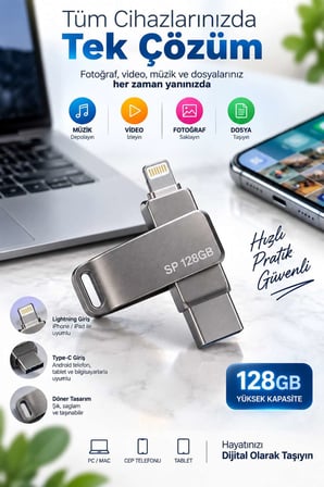 Telefon Tablet ve Bilgisayar Uyumlu 128GB Lightning Type C Çoklu Girişli USB Bellek