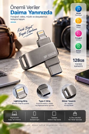 Lightning Type C Destekli 128GB Taşınabilir USB Flash Bellek Fotoğraf Video ve Dosya Aktarımı