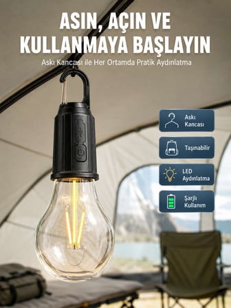 Taşınabilir Şarjlı Led Ampul Askılı Lamba Kamp Bahçe Lambası