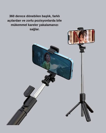 Bluetooth Selfie Çubuğu – 360° Dönebilen Başlık, Kablosuz Bağlantı