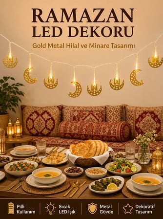 Minareli Hilal LED Işık Metal Gövdeli Pilli Ramazan Dekoru