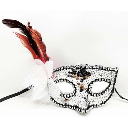 Şık Gümüş Taşlı Pullu Maske 20x22 cm Tüy Detaylı