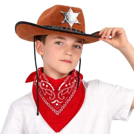 Kovboy Şapka ve Bandana Seti Kahverengi Kırmızı 1 Adet