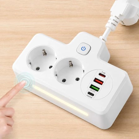 Bkl-502 Akım Korumalı 2li Priz 2 Usb Ve 2 Type-c Çıkış 4000w Hızlı Şarj Duvar Tipi Dokunmatik Led Ay
