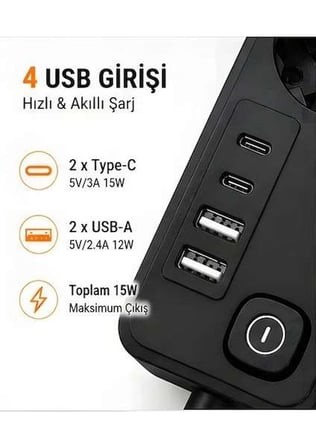Akım Korumalı 5’li Priz 2xusb 2xtype-c Çıkış Akım Koruma Çoklu Priz Çoğaltıcı Anahtarlı Ftr-31 Siyah