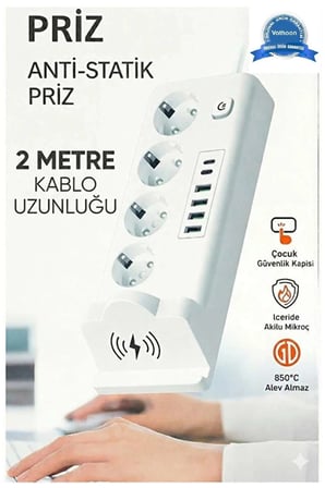Akım Korumalı Kablosuz Şarjlı Masaüstü Priz | 4 Priz, 4 Usb, 2 Type-c